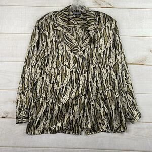 Vintage Ann May Blouse Womens L Animal Print 100% Silk One Button Wrap Long Slv